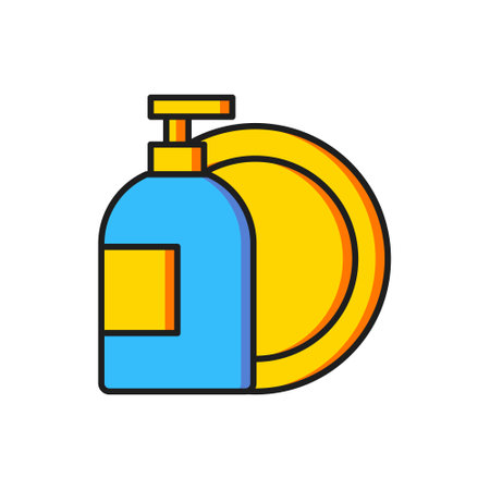 Color Dishwashing liquid bottle and plate icon isolated on white background. Liquid detergent for washing dishes. Flat filled outline style with shadow. Vector.のイラスト素材