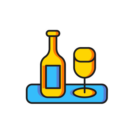 Color Wine bottle with glass icon isolated on white background. Flat filled outline style with shadow. Vector.のイラスト素材