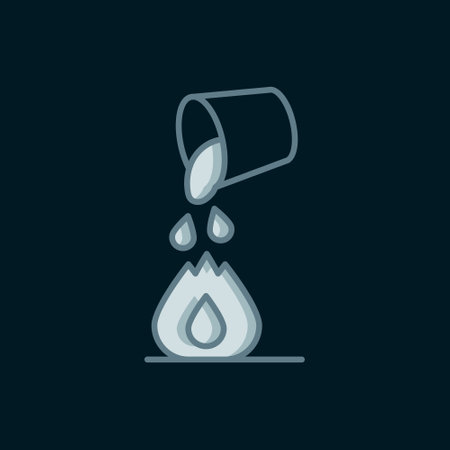 Line Water bucket extinguishing a fire icon isolated on black background. Flat filled outline style with shadow. Vector.のイラスト素材