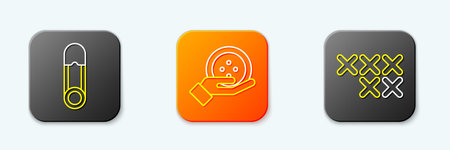 Set line Safety pin, Sewing button and Adjustable embroidery hoop icon. Vector.のイラスト素材