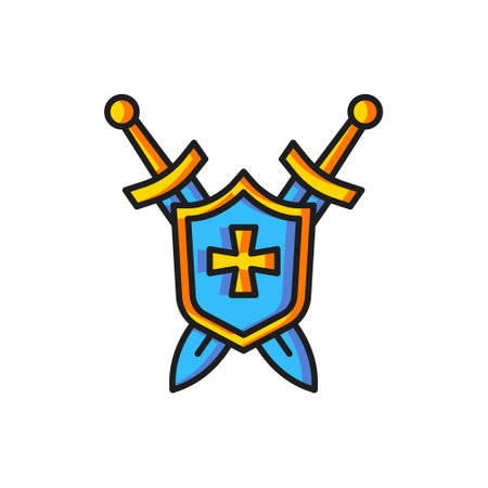 Color Medieval shield with crossed swords icon isolated on white background. Flat filled outline style with shadow. Vector.のイラスト素材
