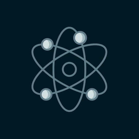 Line Atom icon isolated on black background. Symbol of science, education, nuclear physics, scientific research. Flat filled outline style with shadow. Vector.のイラスト素材