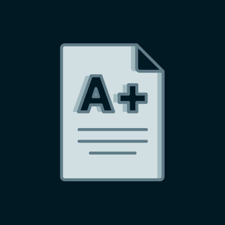Line Exam sheet with A plus grade icon isolated on black background. Test paper, exam, or survey concept. School test or exam. Flat filled outline style with shadow. Vector.のイラスト素材