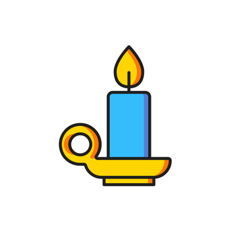 Color Burning candle in candlestick icon isolated on white background. Cylindrical candle stick with burning flame. Flat filled outline style with shadow. Vector.のイラスト素材