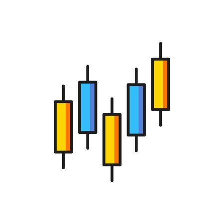 Color Browser with stocks market growth graphs and money icon isolated on white background. Monitor with stock charts arrow on screen. Flat filled outline style with shadow. Vector.のイラスト素材