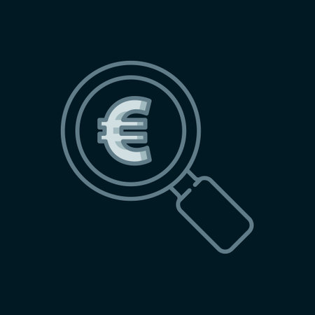 Line Magnifying glass and euro symbol icon isolated on black background. Find money. Looking for money. Flat filled outline style with shadow. Vector.のイラスト素材