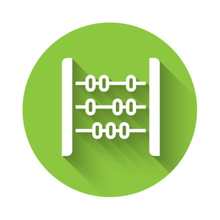 White Abacus icon isolated with long shadow. Traditional counting frame. Education sign. Mathematics school. Green circle button. Vector.のイラスト素材