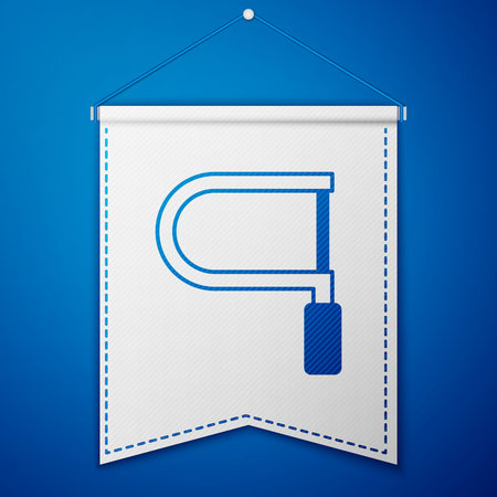 Blue Hacksaw icon isolated on blue background. Metal saw for wood and metal. White pennant template. Vector.のイラスト素材