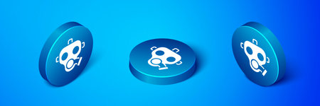 Isometric Gas mask icon isolated on blue background. Respirator sign. Blue circle button. Vector.