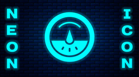 Glowing neon Electric meter icon isolated on brick wall background. Vector.のイラスト素材