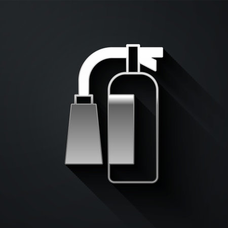 Silver Fire extinguisher icon isolated on black background. Long shadow style. Vector.のイラスト素材