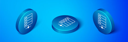 Isometric Server, Data, Web Hosting icon isolated on blue background. Blue circle button. Vector.のイラスト素材