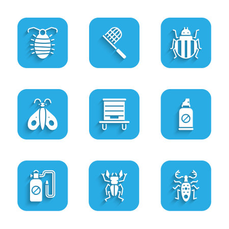 Set Hive for bees Beetle deer Spray against insects Pressure sprayer Butterfly Colorado beetle and Larva icon. Vector.のイラスト素材