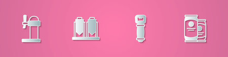 Set paper cut Dispenser beer, Beer brewing process, Bottle opener and can icon. Paper art style....