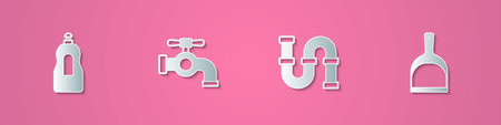 Set paper cut Dishwashing liquid bottle, Water tap, Industry metallic pipe and Dustpan icon. Paper...