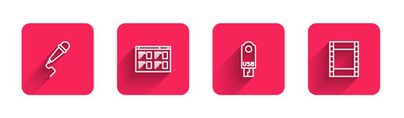 Set line Microphone, Online play video, USB flash drive and Play Video with long shadow. Red square...
