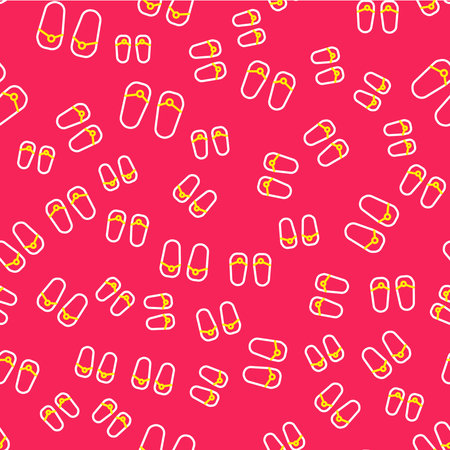 Line Flip flops icon isolated seamless pattern on red background. Beach slippers sign. Vector.