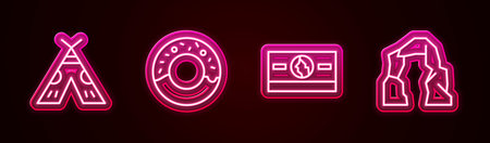Set line Indian teepee or wigwam, Donut, Stacks paper money cash and Grand canyon. Glowing neon...