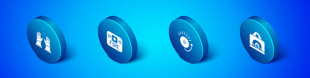 Set Isometric Firefighter gloves, Ringing alarm bell, Interior fireplace and system icon. Vector.
