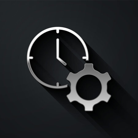 Silver Time management icon isolated on black background. Clock and gear sign. Productivity symbol....