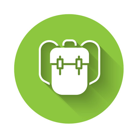White School backpack icon isolated with long shadow. Green circle button. Vector.のイラスト素材
