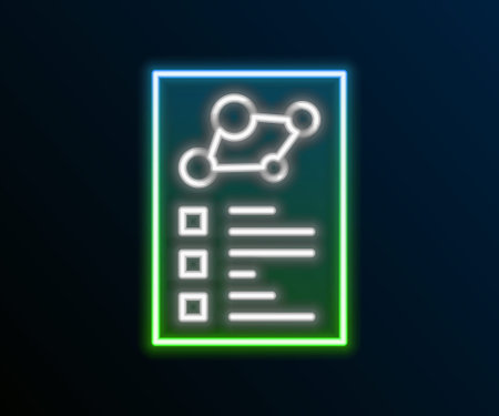 Glowing neon line Medical clipboard with clinical record icon isolated on black background. Health insurance form. Prescription, medical check marks report. Colorful outline concept. Vector.のイラスト素材