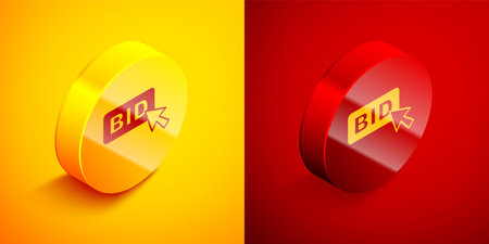 Isometric Bid icon isolated on orange and red background. Auction bidding. Sale and buyers. Circle button. Vector.のイラスト素材