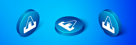 Isometric Tourist tent icon isolated on blue background. Camping symbol. Blue circle button. Vector.