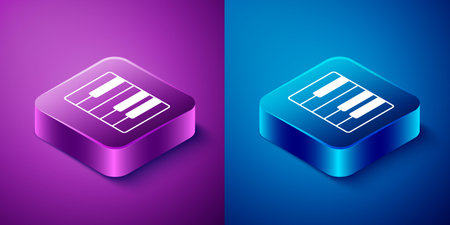 Isometric Music synthesizer icon isolated on blue and purple background. Electronic piano. Square button. Vector.のイラスト素材
