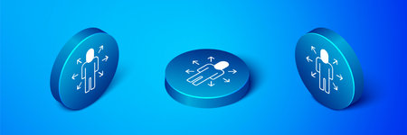 Isometric Multitasking manager working icon isolated on blue background. Blue circle button. Vector.