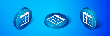 Isometric Calendar icon isolated on blue background. Event reminder symbol. Blue circle button....