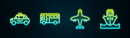 Set line Taxi car, Bus, Plane and Cargo ship. Glowing neon icon. Vector.のイラスト素材