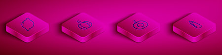 Set Isometric line Lemon, Garlic, Peach fruit and Eggplant icon. Vector.のイラスト素材