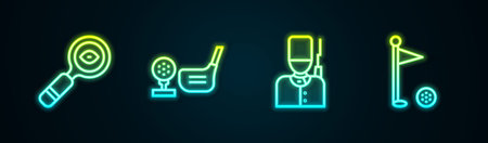 Set line Magnifying glass, Golf club with ball on tee, British soldier and flag. Glowing neon icon. Vector.のイラスト素材