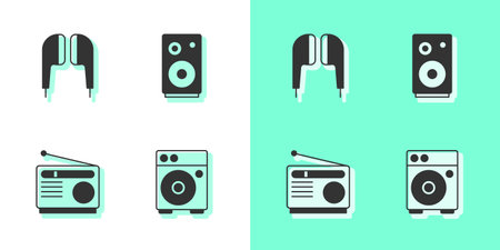 Set Guitar amplifier Air headphones Radio and Stereo speaker icon. Vector.のイラスト素材