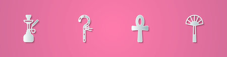 Set paper cut Hookah Crook Cross ankh and Egyptian fan icon. Paper art style. Vector.のイラスト素材
