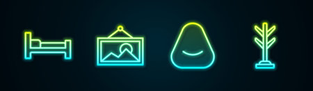 Set line Bed Picture Pouf and Coat stand. Glowing neon icon. Vector.のイラスト素材