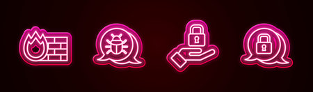 Set line Firewall, security wall, System bug, Lock in hand and Cyber. Glowing neon icon. Vector.
