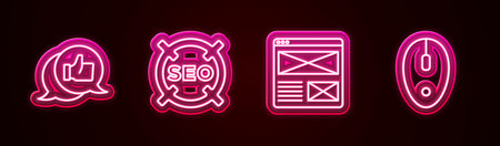 Set line Customer product rating, SEO optimization, Browser window and Computer mouse. Glowing neon...