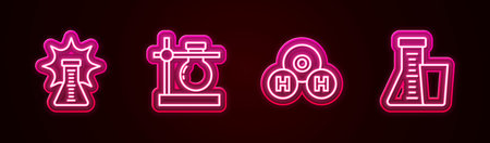 Set line Chemical explosion, Test tube flask stand, formula for H2O and . Glowing neon icon. Vector.のイラスト素材