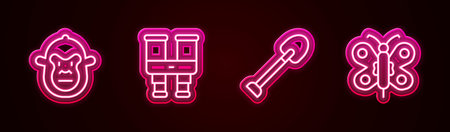 Set line Monkey Binoculars Shovel and Butterfly. Glowing neon icon. Vector.のイラスト素材