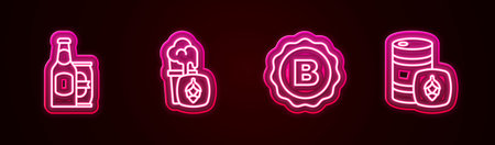 Set line Beer bottle and beer can, Glass of, Bottle cap with and Metal keg. Glowing neon icon. Vector.のイラスト素材