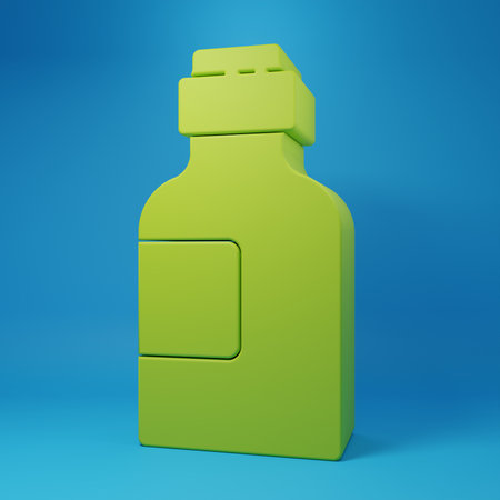 Green Bottle of medicine syrup icon isolated on blue background. Minimalism concept. 3D render illustration.の写真素材