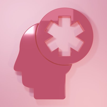 Pink Male head with hospital icon isolated on pink background. Head with mental health, healthcare and medical sign. Minimalism concept. 3D render illustration.の写真素材