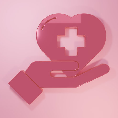 Pink Heart with a cross icon isolated on pink background. First aid. Healthcare, medical and pharmacy sign. Minimalism concept. 3D render illustration.の写真素材