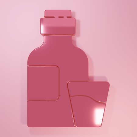 Pink Bottle of medicine syrup and dose measuring cup solid icon isolated on pink background. Minimalism concept. 3D render illustration.の写真素材