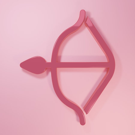 Pink Medieval bow and arrow icon isolated on pink background. Medieval weapon. Minimalism concept. 3D render illustration.の写真素材
