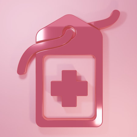 Pink Cross hospital medical tag icon isolated on pink background. First aid. Diagnostics symbol. Medicine and pharmacy sign. Minimalism concept. 3D render illustration.の写真素材