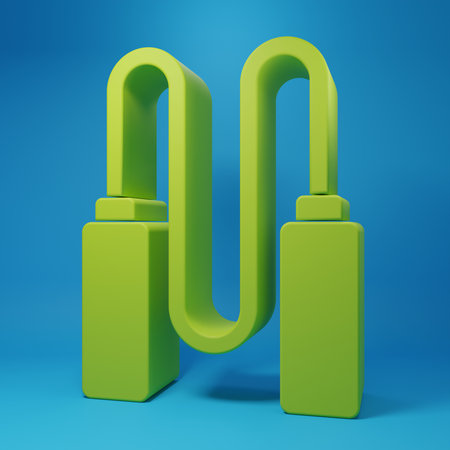 Green Jump rope icon isolated on blue background. Skipping rope. Sport equipment. Minimalism concept. 3D render illustration.の写真素材