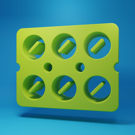 Green Pills in blister pack icon isolated on blue background. Medical drug package for tablet, vitamin, antibiotic, aspirin. Minimalism concept. 3D render illustration.の写真素材